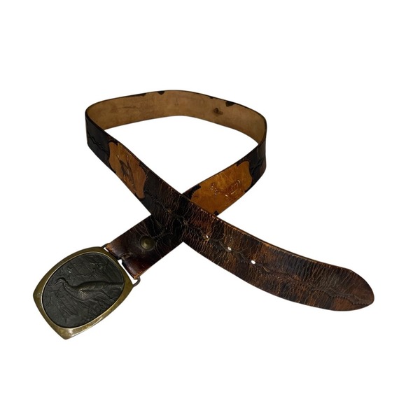 Steven L Knight Buckle Solid Bronze w/ Burned Leather Belt Turkey Bear Deer Hunt
